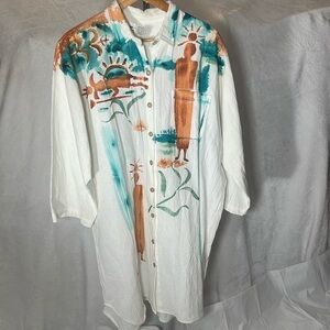 Vintage “Sarah” Hand Painted 100% Cotton Button Down, Shirt Dress, Coverup